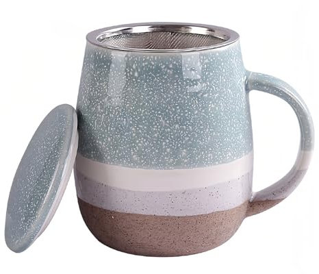 Ceramic Tea Cup with Loose Leaf Infuser, Tea Infuser Mug with Lid, 450ml, Gradient Tea Cup-Blue-450ml