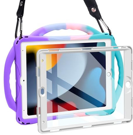 TOPESCT Kids Case for 10.2 iPad 9th/8th/7th Gen - Made of Kid-Friendly Silicone, with Built-in Screen Protector, Shockproof Handle Stand Case for iPad 9/8/7 Gen 10.2 inch (Purple-Blue)