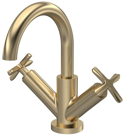 Balterley Bathroom Sink Taps, Mono Basin Mixer Tap, Dual Crosshead Handles Temperature Control Bathroom Tap, Round Body, Tall Arc Spout Basin Taps for Cloakroom - 230 x 175 x 217mm (Brushed Brass)
