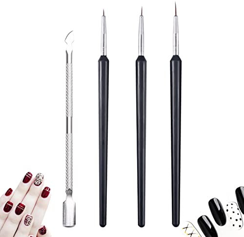 Neoreser 4 Stück Nageldesign Pinselset, 3 Professional Nagel Pinsel und 1 Nagelhautschieber Edelstahl, Feine Pinsel, Nagellack Stifte Nagelzubehör für den Salon zu Hause DIY Nagelwerkzeug