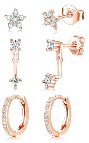 Sterling Silver Rose Gold Stud Hoop Earrings Set for Women Girls, 3 Pairs Hypoallergenic Silver Cubic Zirconia Stud Hoop Earrings set, Small Cartilage Sleeper Earrings Stacks Set for Multiple Piercing