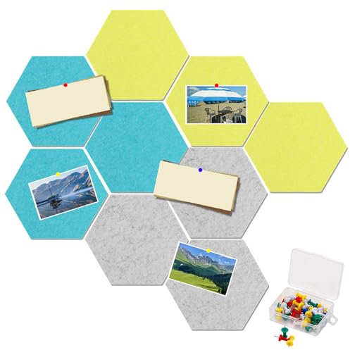 FWEEK 9 Stück Filz Pinnwand, 26 x 30 cm Filz Sechseckige Pinnwand mit 40 Pinnnadeln für Klassenzimmer Büro und Arbeitszimmer - Silbergrau, Zitronengelb, Seeblau