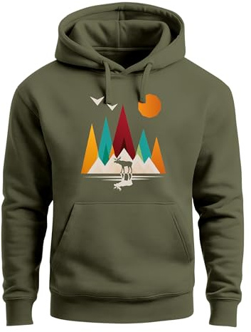 Neverless® Hoodie Herren Berge Elch Natur Polygon Outdoor Printshirt Aufdruck Wandern Männer Fashion Streetstyle