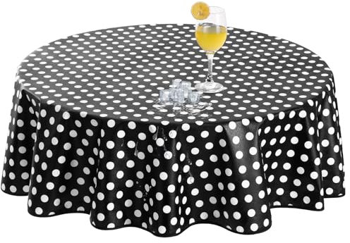 Romanstile Wachstuchtischdecke Outdoor Tischdecke Wetterfest rund 120 cm Schwarz mit Punkten,kleine PVC Tischdecken,100% wasserdicht für Garten,Terrasse,Balkon,Party,Geburtstag,Kinder,Gartentisch