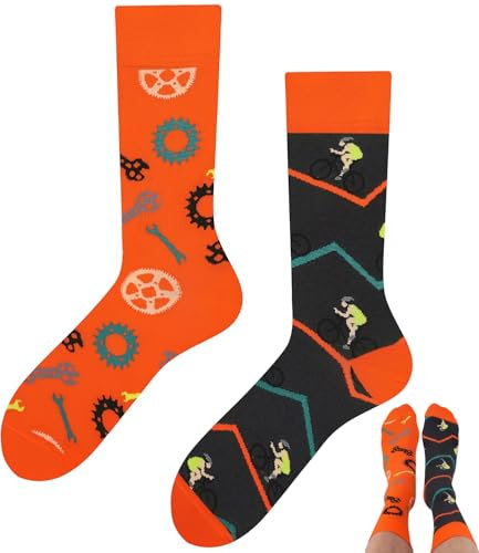 TODO Colours Lustige Fahrrad Socken Damen, MTB Socken Rennrad motiv (35-38, Orange Bike)