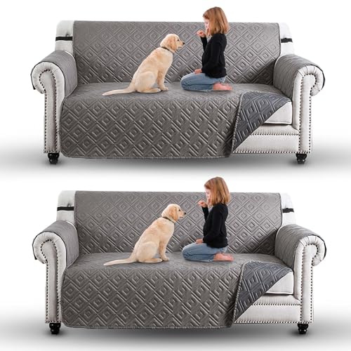 Moonlight Bedding Water Resistant Sofa Cover 3 Seater Reversible Sofa Slipcovers 2 Pack Non Slip Furniture Sofa Protectors from Pets/Dogs, Couch Covers with Elastic Strap (Light Grey/Dark Grey)