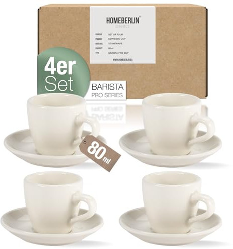 HOMEBERLIN® Barista Pro Espressotassen Set - 4x 80ml Espresso Tassen Set - Premium Espressotassen dickwandig aus hochwertigem Steingut inkl. Untertassen - 100% Handfertigung - Espresso Cups
