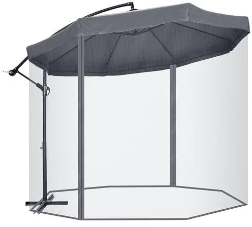 Outsunny Ombrellone Decentrato 3x3 m con Zanzariera, Base a Croce, Prese d'Aria e Manovella, Ombrellone da Giardino Inclinabile e Girevole a 360° in Acciaio e Poliestere, Protezione UV, Grigio Scuro