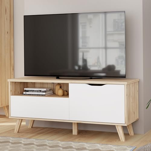 Forte VANKKA TV-Unterschrank 125, Lowboard mit 1 Tür und 1 Schublade, erhöhte Beine, Holzwerkstoff, Planked Eiche Dekor/Weiß, 124,4 cm breit, 54,3 cm hoch, 42 cm tief