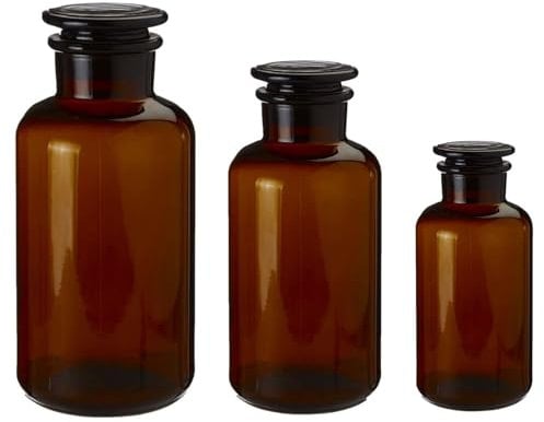 UNIQUE HOME LIVING Apothecary Jar Set of 3 Reagent Bottles, Amber Glass Storage Jars with Lid, Vintage Refillable Container for Herbs, Spices, Oils, Bath Salts, Lotion, Perfume - 1000ml, 500ml & 250ml