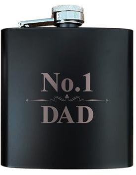 No.1 Dad Engraved Black Hip Flask - 6oz Metal Scroll Design - for Father's Day, Birthday, Christmas for Him - Husband, Grandad, Stepdad - from Son or Daughter