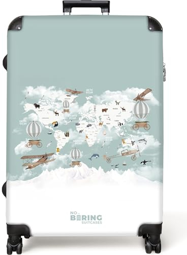 NoBoringSuitcases© Koffer XL Groß Hartschale Reisekoffer 4 Rollen Leicht | 77x51.5x28 cm - Koffer Trolley Hartschalenkoffer Weltkarte - Blau - Kinder