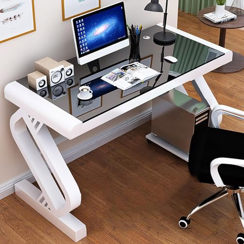 Tempered Glass Computer Desk,Modern Office Desk with Glass Top & Z-Shaped Metal Frame,Sturdy Writing Desk Table Study Desk,Gaming Desk Computer Desk for Home Office Workstation