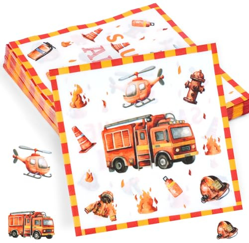 Deepton 30 Stück Feuerwehr Servietten, 32x32cm Feuerwehrmann Servietten | Kindergeburtstag Deko, Einweg Feuerwehrauto Papierservietten für Jungen Mädchen Geburtstag Party Deko