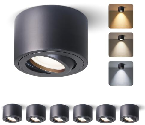 6er Set Aufbauspot Schwarz, LED Aufbaustrahler Deckenstrahler, IP65 für Badezimmer, 5W 520lm Warmweiß 3000K / Neutralweiß 4000K / Kaltweiß 6000K, aus Aluminium, Ø80x50mm, LED Modul 230V, CRI90+