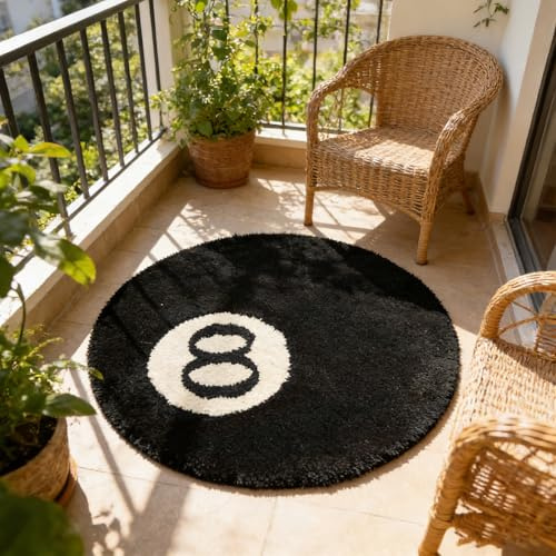 LANZLC 8 Ball Billard Teppich, Runder 60x60cm 8 Ball Rug Schwarzer Billardteppich Anti Rutsch, Waschbarer Teppich Badteppich, Strandteppich Kinderteppich Badematte für Wohnzimmer, Schlafzimmer Dekor