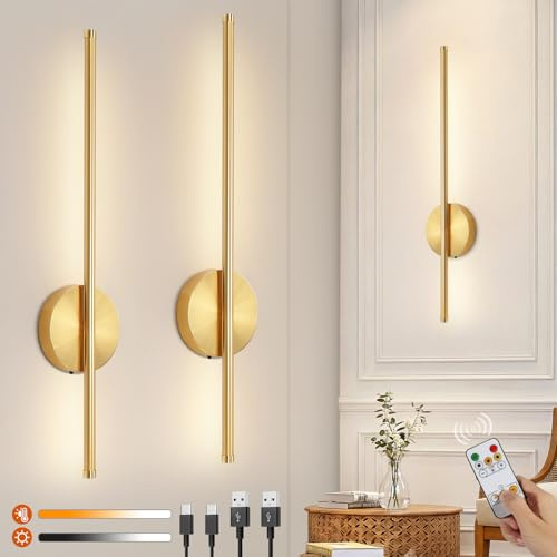 Ketom 2 Pack Rechargeable Wall Lights Indoor, Wall Lamp with Remote Control | LED Battery Operated Wall Lights, 3 Color Temperature, Dimmable, Timer, Wireless Wall Lights Gold, Wall Sconce Lights