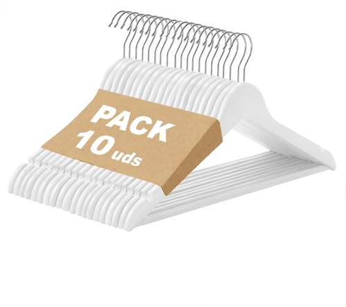 MERCURY TEXTIL - Perchas Ropa de Madera Natural (Blanco, 10 Unidades) | Gancho Giratorio 360°, Barra Antideslizante para Pantalones, Ideal para Trajes, Vestidos y Chaquetas, Perchas Madera