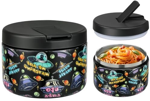Itslife Thermobehälter für Essen 350ml Edelstahl Warmhaltebebehälter, Auslaufsicherer Lunchbehälter mit Schnallenabdeckung, Weithals, Isolierung, geeignet für kaltes&heißes Essen Schwarz-UFO