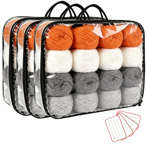 PORFOYO Wolle Aufbewahrungstasche 3er Set, Transparente Taschen Aufbewahrung, Tasche Für Wolle Mit Reißverschluss Und Griff, Doppelschicht Aufbewahrung Für Garn Und Strickzubehör (40×30×10cm)