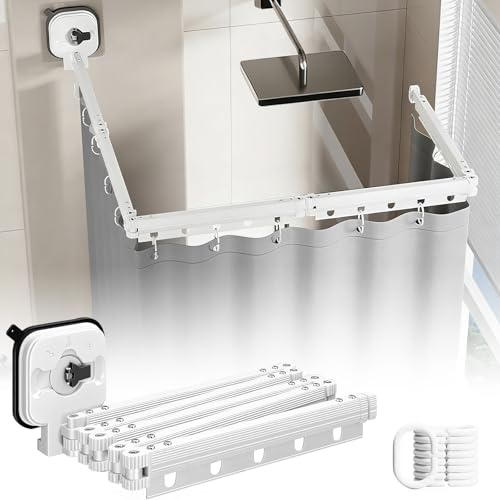 Duschvorhangstange Ohne Bohren mit Duschvorhang & Ringen, 360° Faltbare Duschvorhang Stange aus Aluminium für L-Form & Eckdusche, Faltbar und Platzsparend (Weiß, 5-Fach)