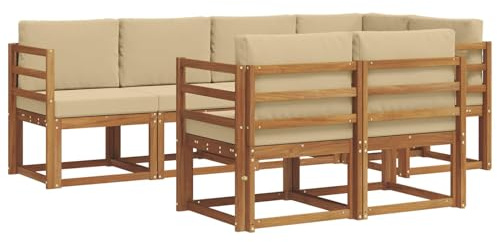 vidaXL Outdoor-Sofagarnitur mit Kissen 7 pcs Natur und Beige, Garten Lounge Set, modernes Outdoor-Sofa, Bequeme Gartenmöbel, massives Holz-Sofa, vielseitige Garten-Couch