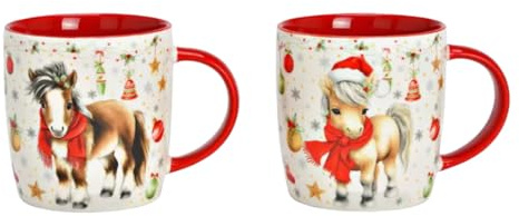 Weihnachtliches Pferde Tassen Set aus Porzellan 350 ml – Süßes Pony Motiv mit Schal & Mütze – Kaffeetasse mit farbigem Henkel – Geschenkidee Weihnachten für Kinder & Tierliebhaber