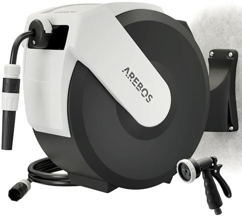 Arebos Avvolgitubo Automatico da Parete 35 m con Tubo Multistrato Rotazione 180° Sistema di Blocco 7 Modalità di Spruzzo