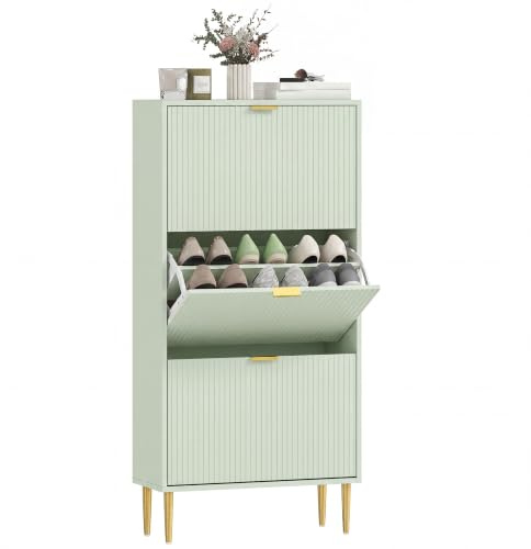 HOMCOM Narrow Shoe Cabinet with 3 Flip Drawers, 9-18 Pairs, Light Green | Space Saving Modern Slim Shoe Storage Cabinet, Fluted Doors, Adjustable Shelves, Tight Hallway