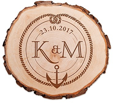 Casa Vivente Baumscheibe aus Echtholz mit Rinde und Anker Gravur für Paare, Hochzeitsgeschenk, Personalisiert mit Namen und Datum, Holzscheibe für Pärchen, Durchmesser ca. 16 cm