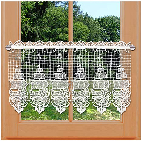 kollektion MT Zauberhafte Landhaus-Spitzengardine Segelboot Maritimes Motiv gestickt Echte Traditionelle Vogtländischer Spitze 30 x 96 cm