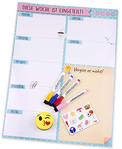 Magnetischer Wochenplaner, 4 bunte Marker, 12 Magnete, 1 Tafelschwamm | Kalender Kühlschrank Deutsch 43x32cm Wandtafel Küche | Organizer Erinnerung Einkaufsliste Menü | Ideale Geschenkbox