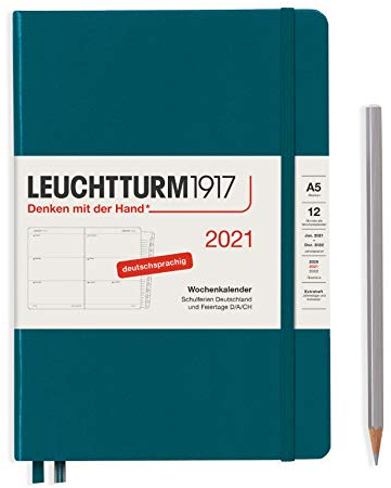 Wochenkalender 2021 Hardcover Medium (A5), 12 Monate, Pacific Green, Deutsch