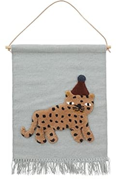 OYOY Mini Leopard Wallhanger in Blau - Kinderzimmer Deko Wandteppich für Kinder aus Wolle/Baumwolle mit Lederschnur - L69 x W50 cm - M107046