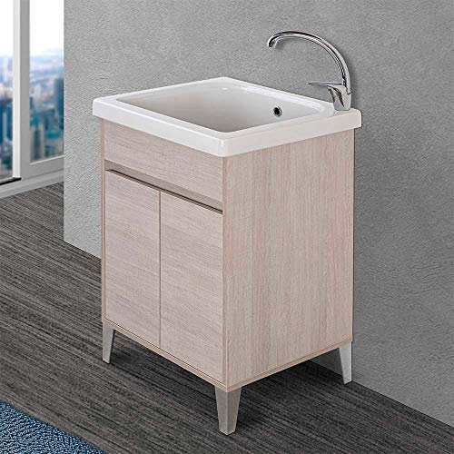 Inbagno Mobile lavatoio per Lavanderia con Vasca in Ceramica, L.61xP.51xH.87,5 cm, Linea Way in Diverse colorazioni, Vasca con strofinatoio Integrato (Rovere Chiaro)