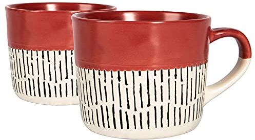 Nicola Spring Ceramic Coffee Mugs Set - 475ml - 2pc Red Dipped Dash Stoneware Coffee Cups Dishwasher & Microwave Safe Large Tea Mugs for Hot Drinks, Hot Chocolate, Tea