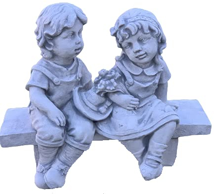 Massive Steinfigur Mädchen und Junge auf Bank Steinguss frostfest Gartendeko Deko-Figur für Haus Garten Moderne Statue Garten-Figur