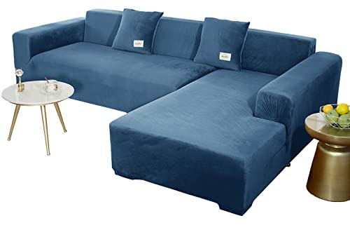 JHLD Sofabezug L Form, Stretch Sofabezug Samt L-förmiger Sofabezug Weiche Anti-rutsch Sofa Überwürfe Für Ecksofa-Blau-2 Sitzer+2 Sitzer