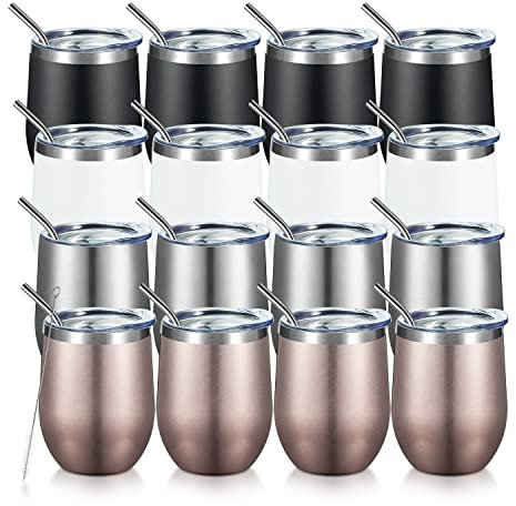 COMOOO Stainless Steel Wine Tumbler with Lid and Straw 12oz Double Wall Vacuum Insulated Travel Tumbler Cup for Coffee, Wine, Cocktails, Champagne (Black White Silver and Rose Gold, 16 Pack)