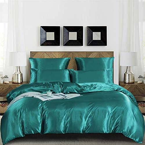 Damier Bettwäsche 200x200cm Türkis Satin Glänzend Bettwäsche Set 3 Teilig Hotelqualität Satin Deckenbezug Bettbezug mit Reißverschluss und 2 Kissenbezüge 80 × 80 cm
