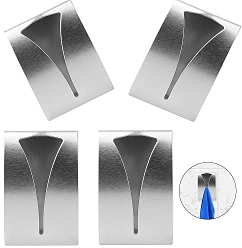 4Pcs Self Adhesive Metal Towel Holders, Stainless Steel Hand and Tea Towel Hook Rack for Bathroom and Kitchen, Wall Mount Hook - No Drilling Required