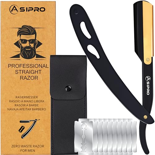 ASIPRO Navaja Afeitar Barbero Profesional con (20 Cuchillas Simples)10 Cuchillas de Afeitar Doble Filo y Funda Protectora Kit/Set Afeitado Hombre Navaja Peluqueria Professional Clásica Navaja Barbero