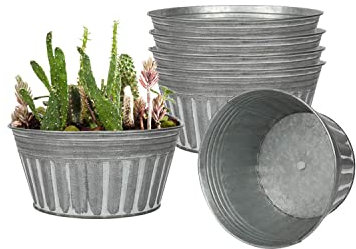 vensovo 8 Inches Silver Metal Rustic Plant Pots - 6Pcs Shallow Galvanized Planters with Drain Hole and Rubber Plug, Rustproof Tin Bucket Succulent Pot Indoor Farmhouse Vintage Style for Decor