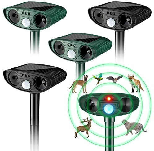 Kittmip Ultrasonic Animal Repellent Outdoor Solar Powered Repeller Cat Dog Squirrels Deer Deterrent Waterproof Motion Sensor Deterrent for Yard Garden Rabbit Fox Pest (Black, Green,4 Pieces)