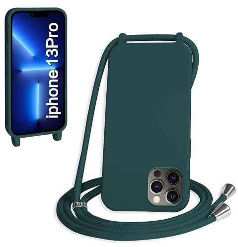 WenBaby Funda con Cuerda para iPhone 13 Pro, Líquida Silicona Carcasa con Cordón Ajustable Collar Correa de Cuello, Cubierta Prueba Golpes con Microfibra Forro (Verde Oscuro)