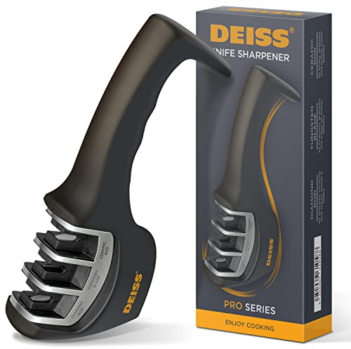 Deiss PRO 3-Stage Kitchen and Pocket Knife Sharpener - Professional Grade Knife Blade Sharpener for Cooking, Hunting and Ceramic Knives - Safely Restore and Polish Sharp Edges on Dull (Silver)