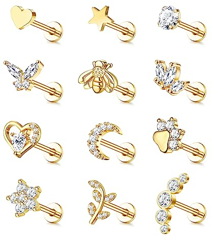 JewBella 12 Stück 16G Knorpel Helix Ohrringe für Damen Herren Chirurgenstahl Innengewinde CZ Mond Herz Stern Blatt Labret Medusa Nasenstecker Conch Tragus Helix Piercing Silber/Gold
