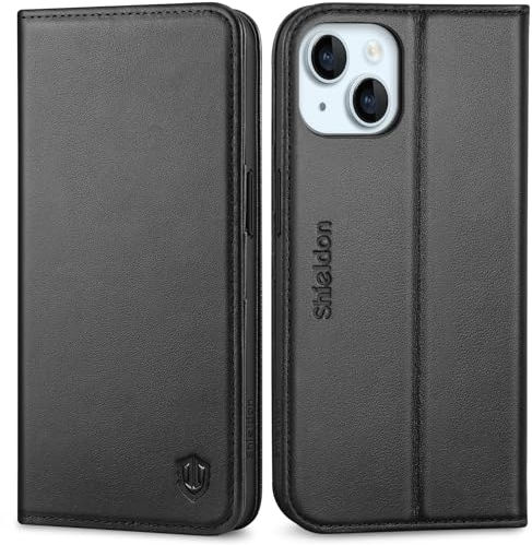 SHIELDON Hülle für iPhone 15 5G, Stoßfest Handyhülle [Echtleder] [Kartenfach] [Magnet] [Standfunktion] [RFID Blocker] Klappbar Schutzhülle Lederhülle Kompatibel mit iPhone 15 6,1 2023 - Schwarz