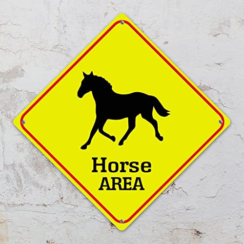 Cartello stradale in alluminio con scritta Warning Horse Area, cartello stradale con animali della fattoria, cartello stradale a forma di diamante giallo, divertente, per interni ed esterni,