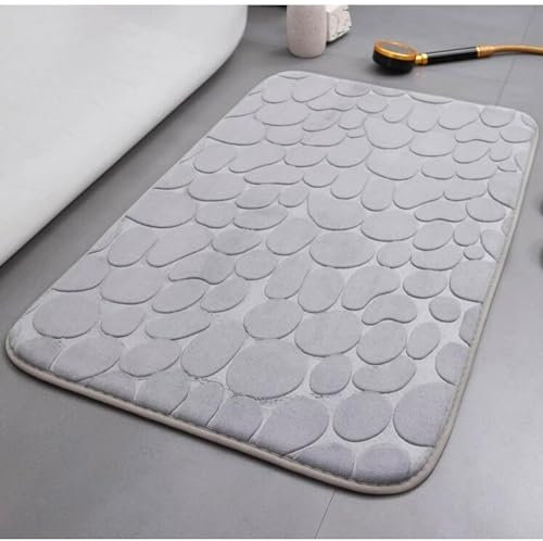 HealthyMoov Tapis de Bain Gris Motif Galets Pierre 40 x 60 cm Moelleux Doux Anti-Derapant, agréable au Toucher. Lavable en Machine. pour Salle de Bains, WC, Douche, entrée.